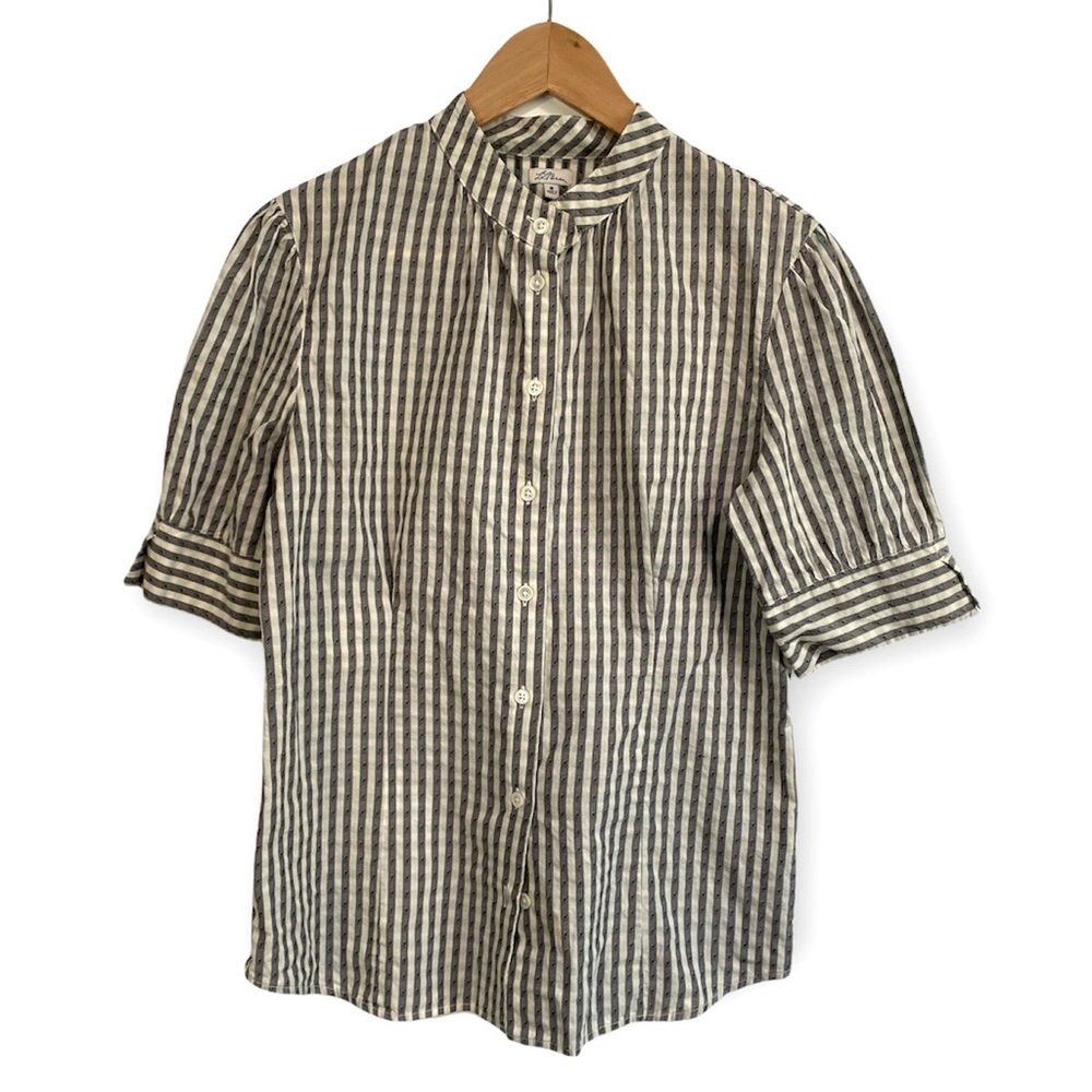 LL Bean Women's Lightweight Collarless Striped Short Sleeve Button Shirt Size 8